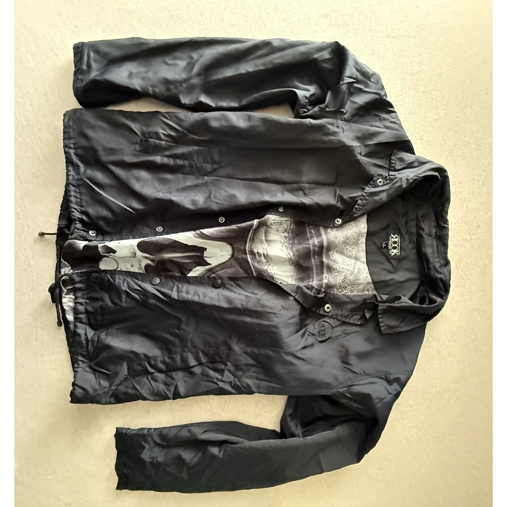 ROOK men's Small Black Button Up Windbreaker With Skeleton Art On Inside